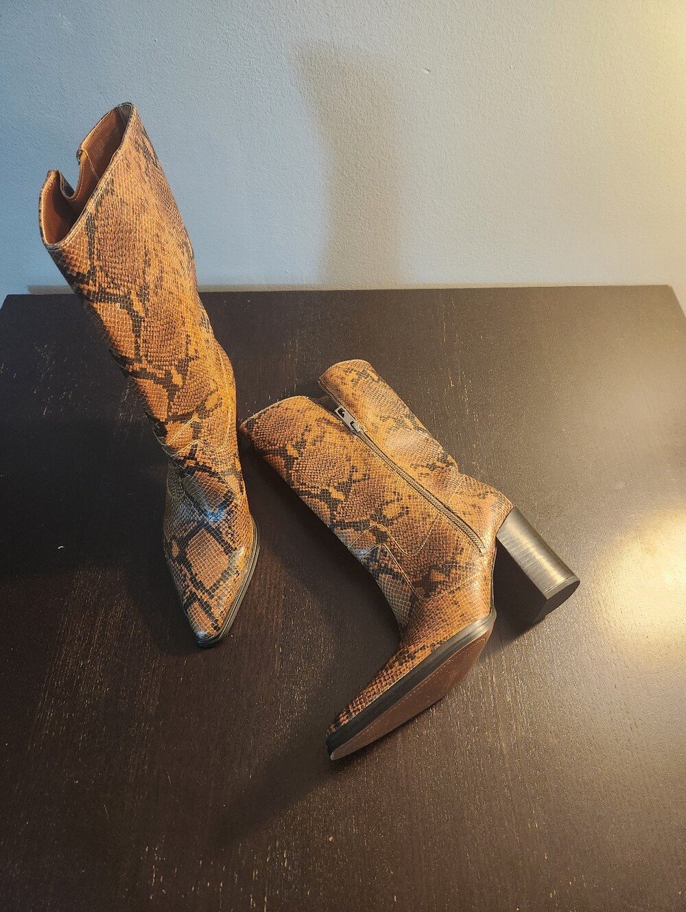 Franco Sarto Brown Snake-Print Mid-Calf Block Heel Boots. New W/O box